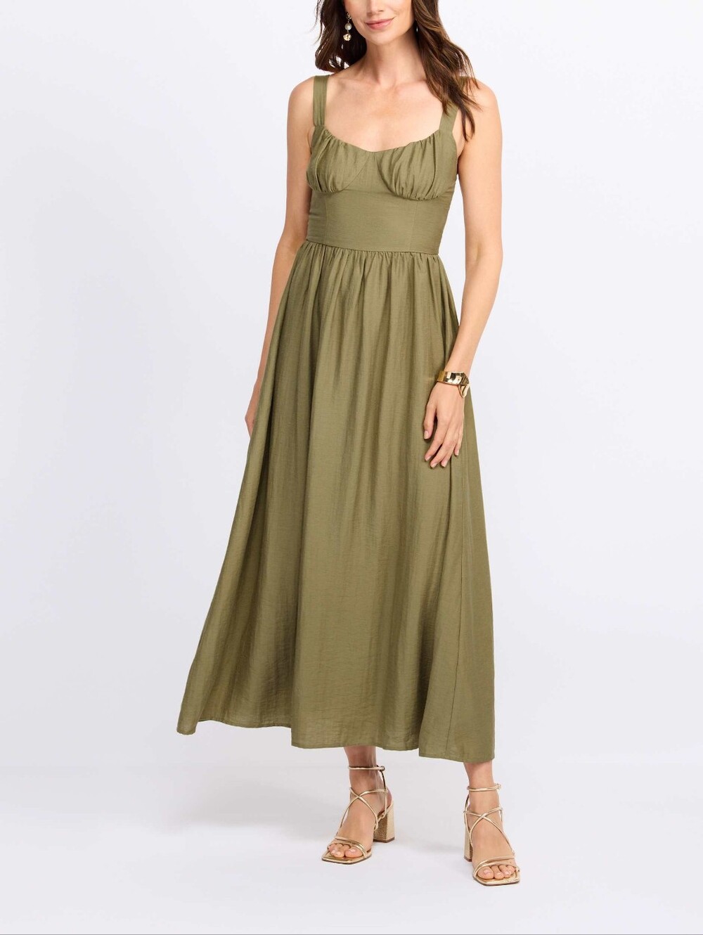 Olive Green Maxi Dress with Gathered Bust and Adjustable Straps